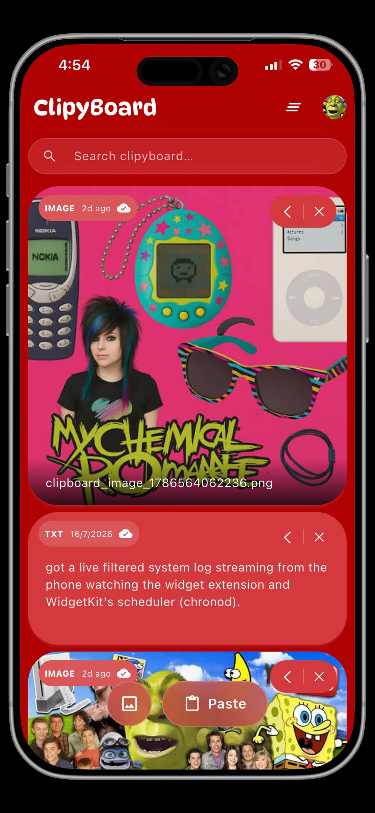 ClipyBoard running on a red iPhone